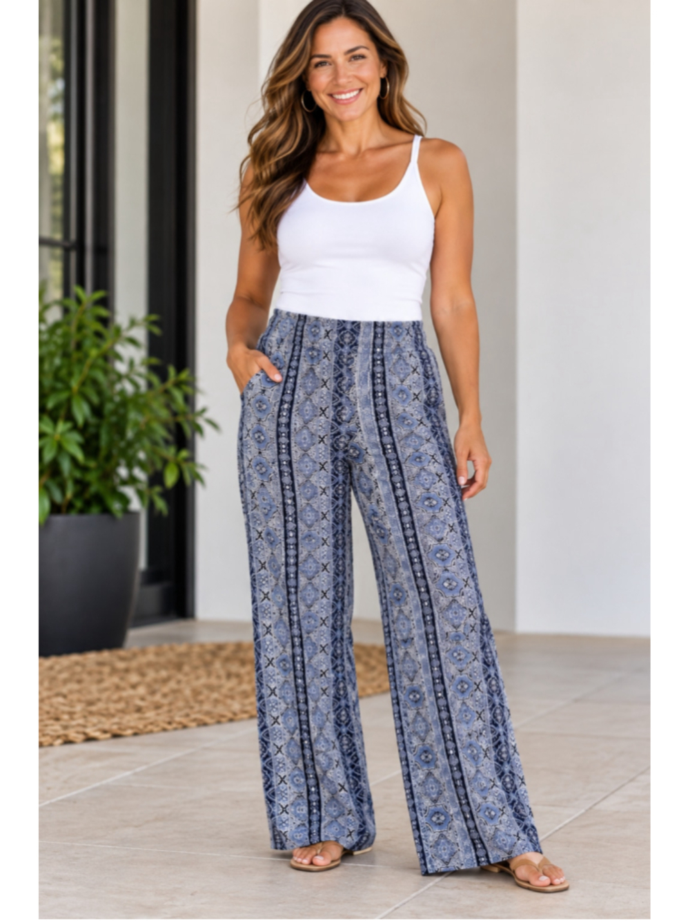 Women's Three Dots Wide Leg Pants Blue White Patterned Size M